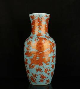 *珍品旧蔵* 清・康熙年製・陶瓷品・藍釉礬紅五龍紋・觀音瓶 古美術品 LRF0229