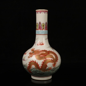 *珍品旧蔵*中国・清 ・乾隆年製・ 古陶瓷品・アルミナ赤蒔絵金 竜紋胆瓶 LRF0217