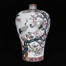 *珍品旧蔵* 中国清代 雍正年間 ピンク花鳥鶴紋梅瓶 瓷器 時代物 極細工 古美術品 Z0222 _画像2