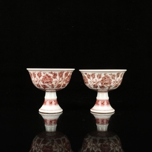 *珍品旧蔵* 明 宣德年製 陶瓷品 釉裡紅纏枝花卉紋 高足杯 古美術品 LRF0229
