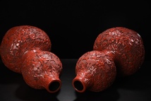  *珍品旧蔵*清代 大判 赤引き 漆器 葫蘆瓶一対 置物 中國古玩 中国古美術 時代物 GH0201_画像8