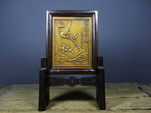 Art hand Auction *Rare item Formerly owned *China's Qing Dynasty* Bamboo yellow carving folding screen ornament lotus feather antique furniture exquisite work antique art Z0218, hobby, culture, hand craft, handicraft, others
