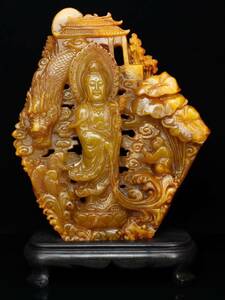 Art hand Auction *珍品旧蔵*清朝 壽山石彫刻家:楊玉旋 寿山石 田黄石 細密彫 観音 置物 中国古美術 GH0202, ビーズ細工, ビーズ, 天然石, 半貴石