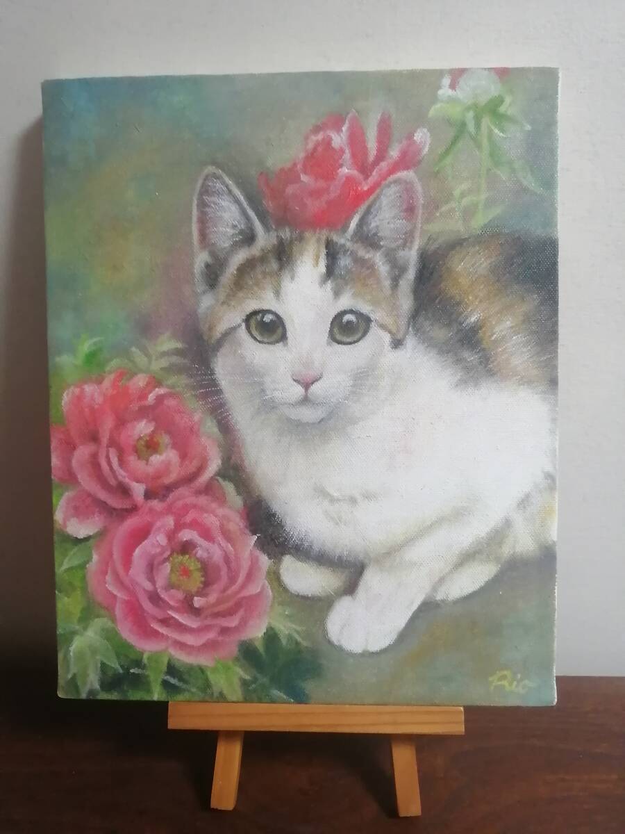रियो युकी द्वारा मूल तेल चित्रकला कियोहिदे, एक मिश्रित नस्ल की बिल्ली का बच्चा और पेओनी की पेंटिंग, पोस्टकार्ड सेट के साथ, बिल्ली, बिल्ली, चित्रकारी, तैल चित्र, पशु चित्रकारी
