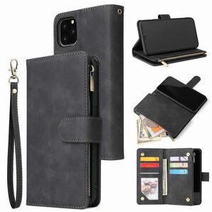 iPhone 11 レザーケース iPhone11 ケース アイフォン11 カバー 手帳型 お財布付き カード収納 ストラップ付き ブラック