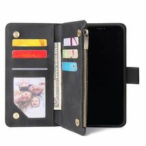 iPhone 11 レザーケース iPhone11 ケース アイフォン11 カバー 手帳型 お財布付き カード収納 ストラップ付き ブラック_画像6