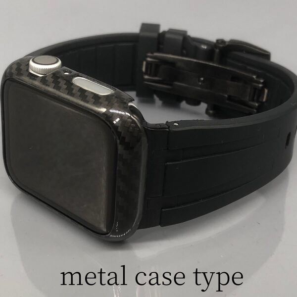 メタル カーボン ブラック★アップルウォッチバンド Carbon カバー ラバーベルト Apple Watch ケース 45mm 49mm ultra ウルトラ