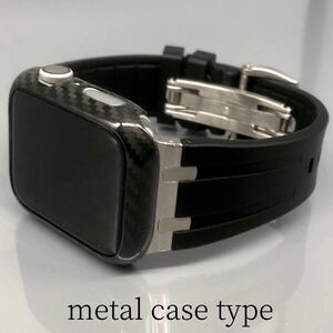 メタル カーボン　ブラックs★アップルウォッチバンド Carbon カバー　ラバーベルト　Apple Watch ケース　45mm 49mm ultra ウルトラ