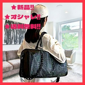 ★新品！◆送料無料！★綺麗でオシャレ！◆黒*ブラック*ボストンバッグ,鞄*クロコダイル柄*(スポーツ,旅行,トラベル,ビジネス,アウトドア)