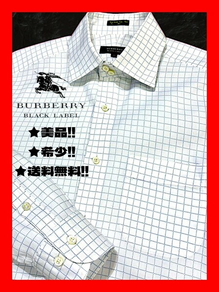 ◆送料無料！★美品＋高級クリーニング！◆BURBERRY,バーバリーブラックレーベル*長袖シャツ*L相当 白&青チェック柄★綺麗でオシャレ！