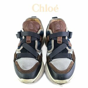 【1円】クロエ Chloe レディース SONNIE LOW ソニーロー 厚底スニーカー バイカラー CHC18A051 スエード ナイロン 37 ネイビー ブラウン