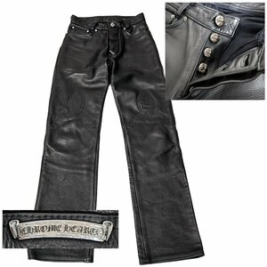 【美品】クロムハーツ CHROMEHEARTS レザーパンツ 28 クロスボールボタン ボタンフライ フレアニー ストレート スクロールラベル ブラック