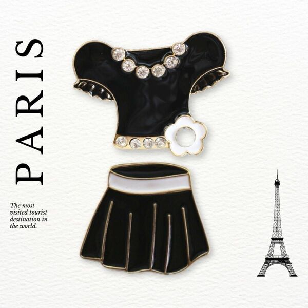 Paris broach パリ風 ブローチ ２個セット パフスリーブ&スカート ブラック