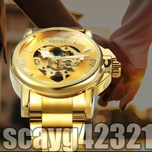  Medama *[Winner] lady's wristwatch Skeleton Mechanical Stainless Steel Heart Gold self-winding watch oma-ju