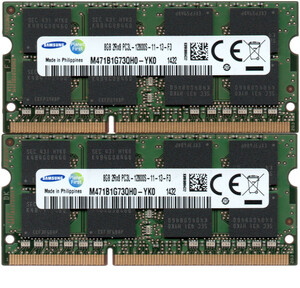 【DDR3 8GBx2枚 合計16GB ノートPC用】＜動作確認済＞SAMSUNG 低電圧 1.35V DDR3L-1600 (PC3L-12800S) M471B1G73QH0-YK0 2枚【中古】H990