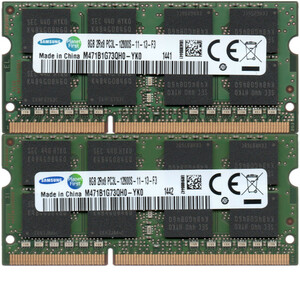 【DDR3 8GBx2枚 合計16GB ノートPC用】＜動作確認済＞SAMSUNG 低電圧 1.35V DDR3L-1600 (PC3L-12800S) M471B1G73QH0-YK0 2枚【中古】H970