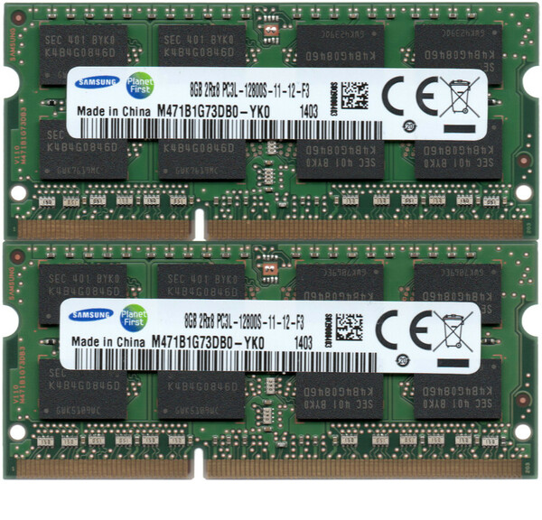 【DDR3 8GBx2枚 合計16GB ノートPC用】＜動作確認済＞SAMSUNG 低電圧 1.35V DDR3L-1600 (PC3L-12800S) M471B1G73DB0-YK0 2枚【中古】H979