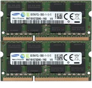 【DDR3 8GBx2枚 合計16GB ノートPC用】＜動作確認済＞SAMSUNG 低電圧 1.35V DDR3L-1600 (PC3L-12800S) M471B1G73QH0-YK0 2枚【中古】H983
