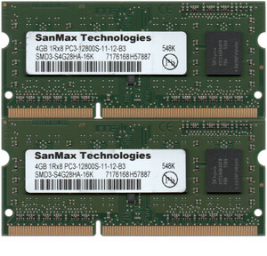 SanMax Technologies DDR3-1600 (PC3-12800S) 4GBx2枚 合計8GB ノートPC用 SMD3-S4G28HA-16K 両面実装(1Rx8) 動作確認済【中古】H792