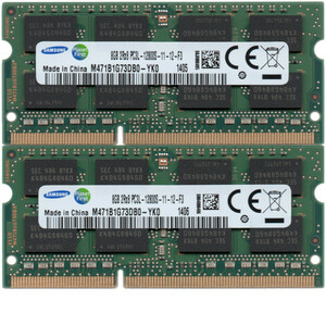 【DDR3 8GBx2枚 合計16GB ノートPC用】＜動作確認済＞SAMSUNG 低電圧 1.35V DDR3L-1600 (PC3L-12800S) M471B1G73DB0-YK0 2枚【中古】H982