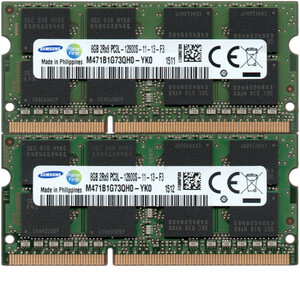 【DDR3 8GBx2枚 合計16GB ノートPC用】＜動作確認済＞SAMSUNG 低電圧 1.35V DDR3L-1600 (PC3L-12800S) M471B1G73QH0-YK0 2枚【中古】H989