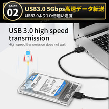 外付け 2.5インチ HDD SSD ケース USB3.0 クリア SATA ハードディスク 高速 データ転送 電源不要 USBケーブル ２個セット 5Gbps UASP対応_画像3