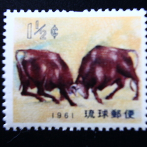 【即決R237】送料63円 琉球切手（沖縄）1961年用年賀切手 闘牛 1¢ 1960年(昭和35年) 型価500の画像1
