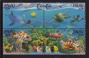 28 パラオ【未使用】＜「1995 SC#373 国際切手展《シンガポール'95》/ 海の生物」 4種完（連刷田型）＞ 