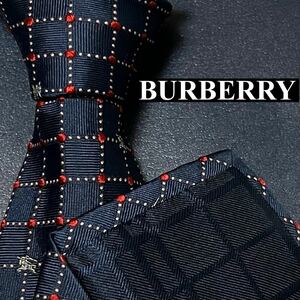 完売品 BURBERRY バーバリー 極美品 メンズ ネクタイ シルク ドット スクエア 四角 刺繍 ジャガード ホースロゴ ネイビー 紺