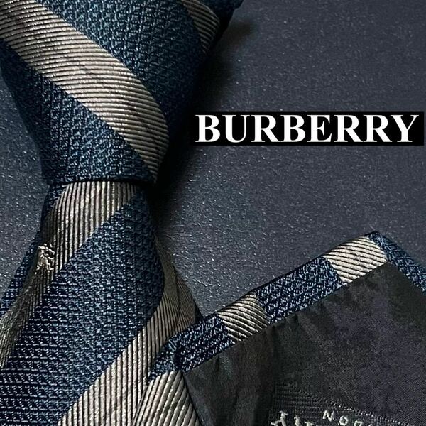 完売品 BURBERRY バーバリー 美品 メンズ ネクタイ シルク ノバチェック ストライプ 刺繍 ジャガード ホースロゴ ネイビー 紺