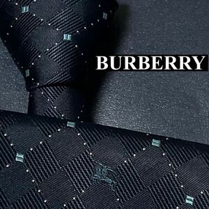 完売品 BURBERRY バーバリー 美品 メンズ ネクタイ シルク ノバチェック 刺繍 ジャガード ホースロゴ ドット スクエア ネイビー 紺