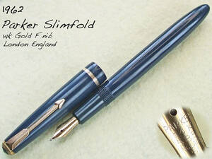 ◆稀少◆ 1962年製 パーカー・スリムフォルド万年筆 ネイヴィ 14金F イギリス◆1962 Parker Slimfold 14ct F England◆