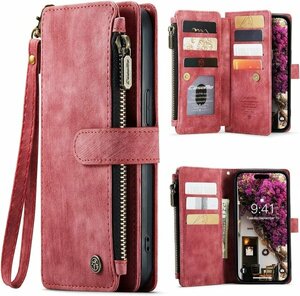 iPhone 15 Pro 用 カバー 財布型 ストラップ 付き 　カードポケット付き 収納ポケット マグネット吸着 横置き スタンド機能　レッド