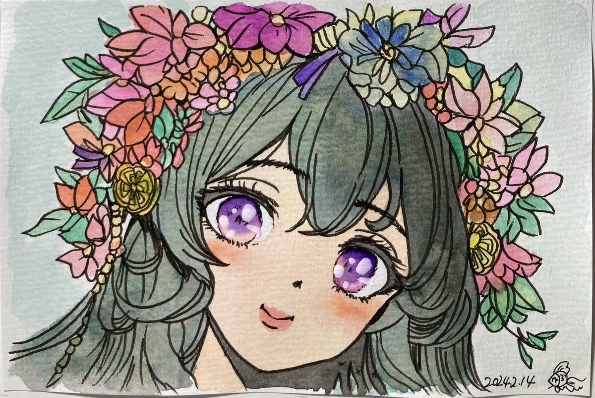 Flower crown original Hand-Drawn artwork illustration original picture, comics, anime goods, hand drawn illustration