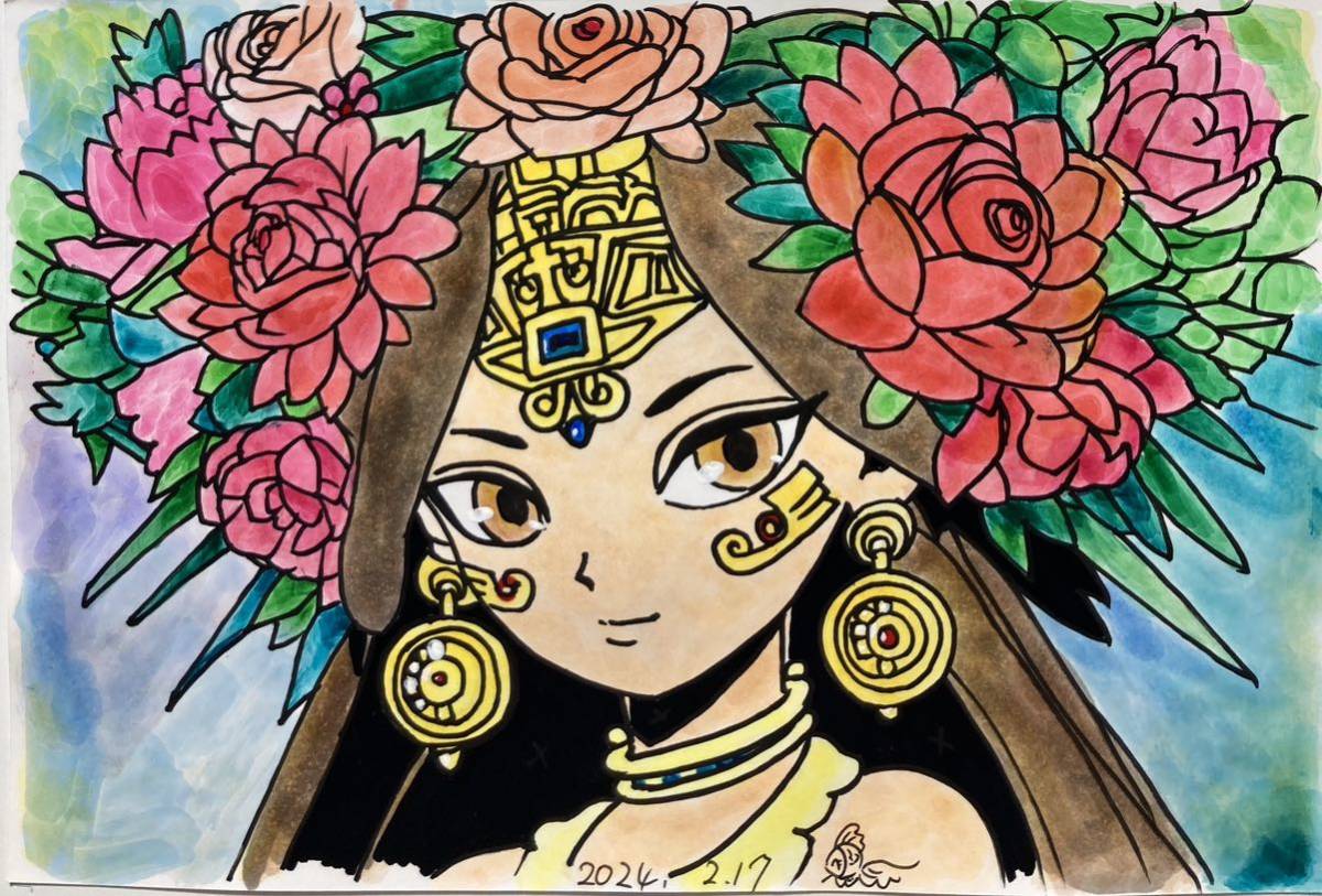 Flower Goddess Xochiquetzal Original Hand-Drawn artwork illustration Original picture, comics, anime goods, hand drawn illustration