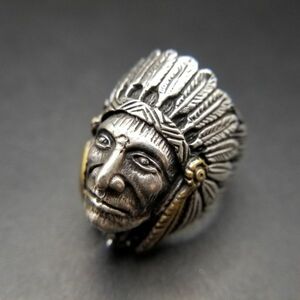  Indian head chief ... solid sculpture 925 silver Vintage ring silver skill -ply thickness feeling War bonnet Native American Y13-V