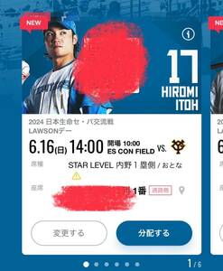 6/16（日）エスコンフィールド 北海道日本ハムファイターズvs読売ジャイアンツ　STAR LEVEL 内野１塁側　通路側から連番2席