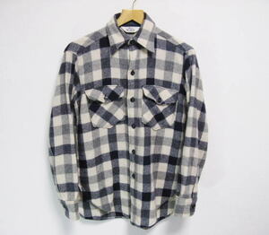 70s80s USA製 Woolrich ウールリッチ ウールシャツ S バッファローチェック 白紺 ビンテージ アウトドア アメリカ古着