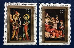 Art hand Auction [Sellos con fotos] Reino de Dahomey 1970 Navidad 2 tipos ya estampados Pinturas de la escuela alemana del Rin hacia 1340 Anunciación y Natividad, antiguo, recopilación, estampilla, tarjeta postal, África