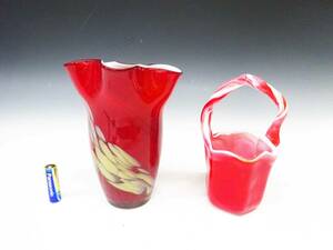●(KC) 花瓶 2個セット 赤系 グラデーション 硝子 フラワーベース 花器 花びん ガラス インテリア雑貨 置物 コレクション 