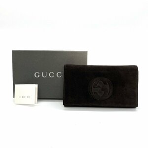 GUCCI グッチ 二つ折り 長財布 インターロッキングG ロゴ スウェード スエード レザー ダークブラウン こげ茶 茶色 イタリア製