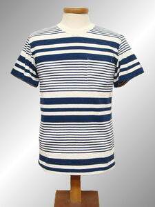【送料185円】 Pherrow's フェローズ マルチボーダー 半袖 ポケット Tシャツ (L) ネイビー x ナチュラル
