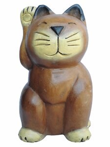 ■☆アジアン雑貨　木彫りネコ(招きねこ・中)（CAT-5）