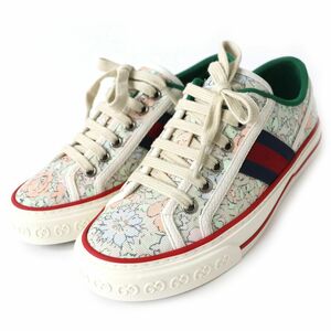 未使用品△GUCCI グッチ テニス 1977 LIBERTY リバティ 花柄 ウェブライン レースアップ ローカット スニーカー アイボリー×マルチ 34 1/2