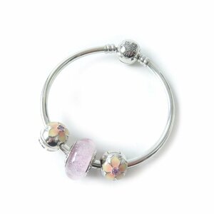 極美品 PANDORA パンドラ ディズニーパークス SV925 チャーム3個付 ラインストーン 桜 ブレスレット シルバー マルチ 箱付き レディース