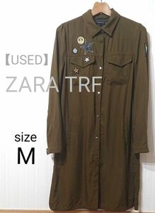 【USED】 ZARA TRF ワッペン ミリタリーシャツワンピース　Mサイズ カーキ　