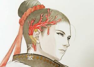 Art hand Auction [Coral earring Yujin] Original character, hand-drawn illustration, sumi-e, hand-colored, vegetable dyed, comics, anime goods, hand drawn illustration