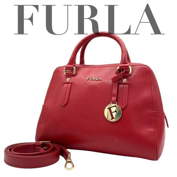 美品 FURLA フルラ　ハンドバッグ　ショルダーバッグ　赤　Fチャーム　レザー