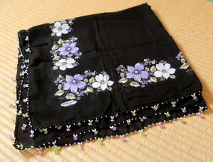  Turkey beads . taking . scarf black x purple x white floral print cotton gauze ground approximately 80x80cm