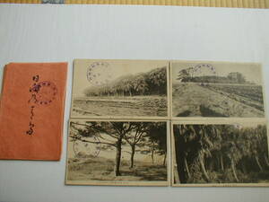  открытка с видом город Хюга синий остров 4 листов битва передний . obi растения . просмотр память Showa 7 год 